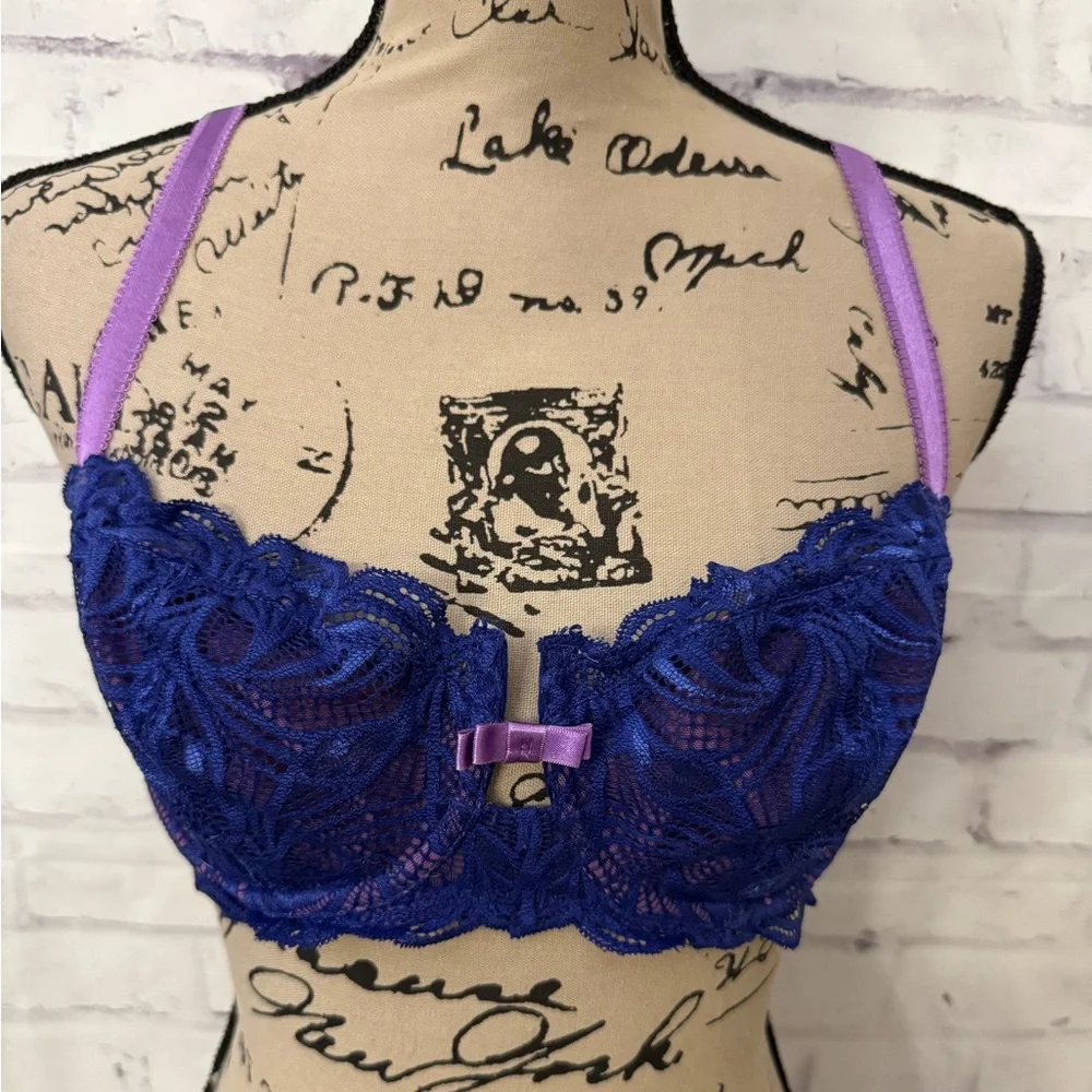 Adore Me‎ Hannah Bra Unlined Balconette Size 34DD Blue Purple Lace Underwire